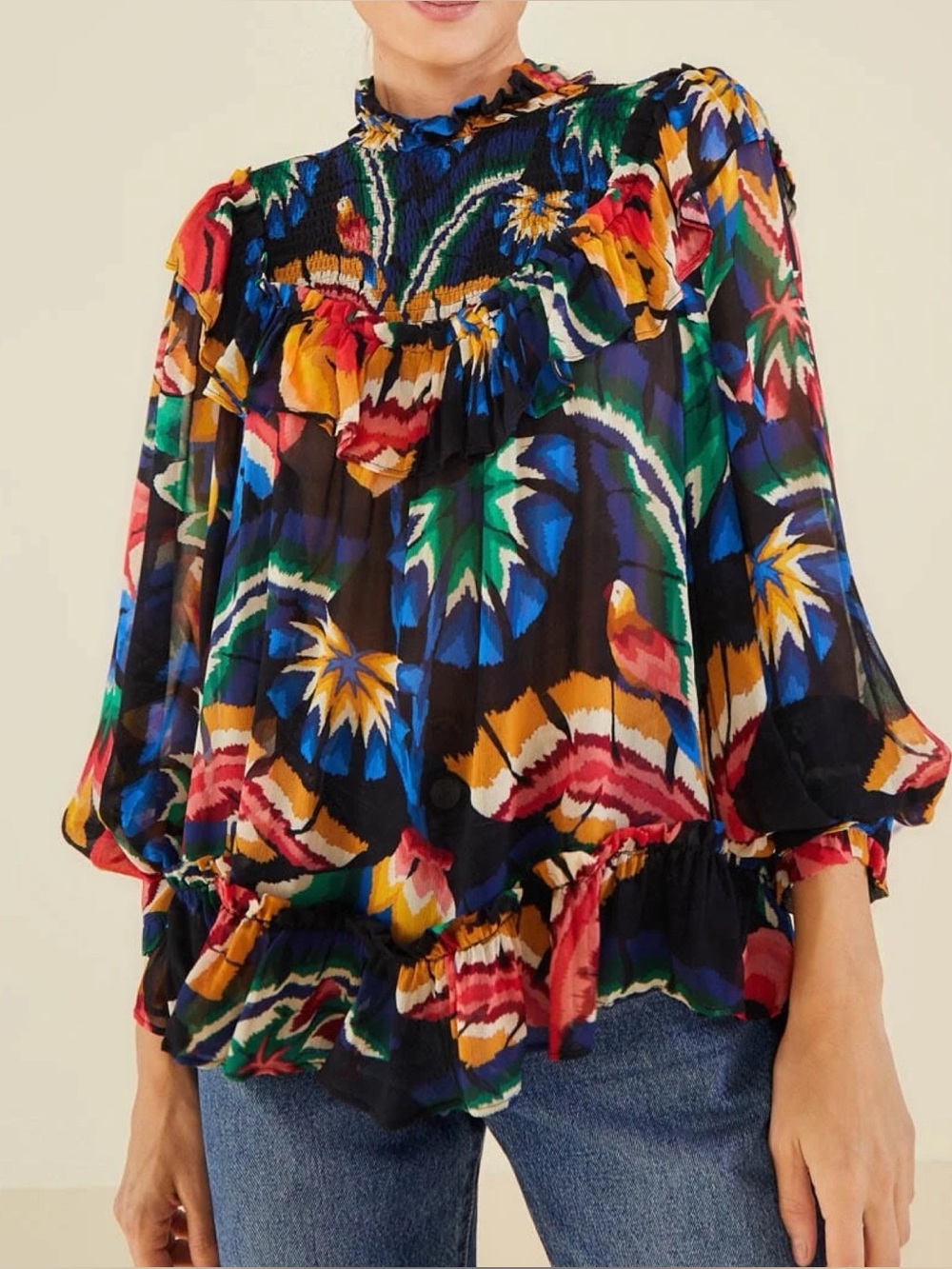 FARM Rio XL Multicolor Tropical Floral Ruffled Smocked Long Sleeve Blouse Top